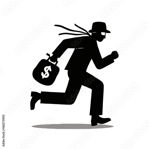 Vector art of silhouette of a thief in a hat and mask running with a money bag