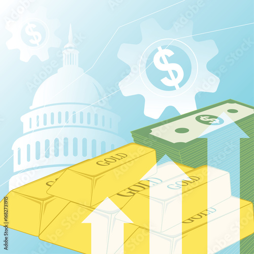 Illustration of gold bars, cash stacks, and rising arrows representing wealth, prosperity, financial growth, and investment success with government and money symbols in the background.