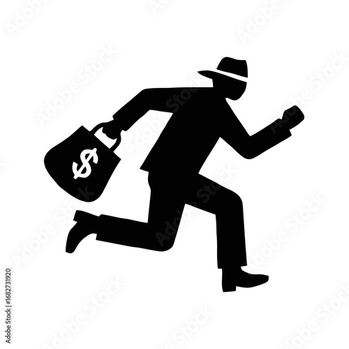 Vector art of silhouette of a man in a hat and suit running with a bag of money