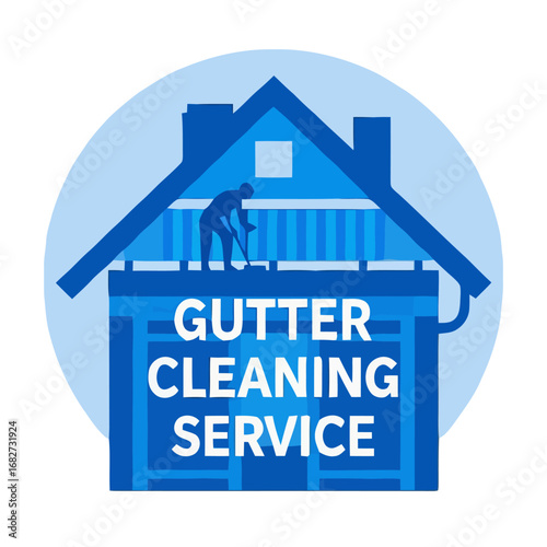 Vector art of gutter cleaning service logo with a person cleaning gutters on a house roof, symbolizing home maintenance and exterior upkeep for a clean and safe property