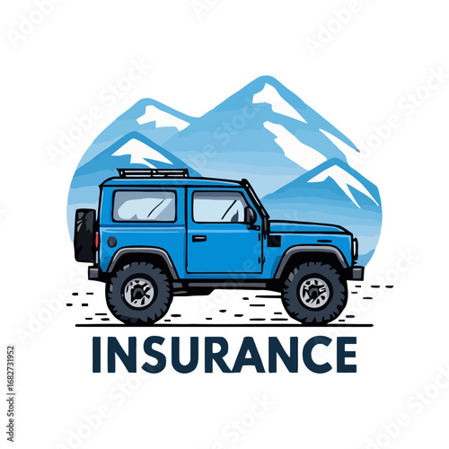 Vector art of blue offroad vehicle parked in front of snowcapped mountains with the word insurance written below, symbolizing adventure and protection
