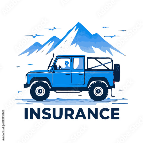 Vector art of blue offroad vehicle parked in front of majestic mountains, with the word insurance prominently displayed below, suggesting adventure and protection