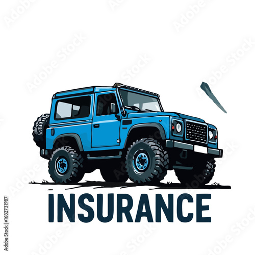 Vector art of blue offroad vehicle with large tires and spare tire on the back, symbolizing insurance and protection