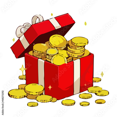 Vector art of a red gift box overflowing with gold coins, isolated on a transparent background, symbolizing wealth and treasure