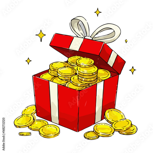 Vector art of a red gift box overflowing with golden coins, symbolizing wealth and fortune