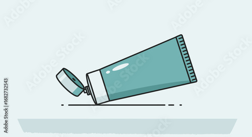Minimalist illustration of a blue toothpaste tube with open cap on a light background