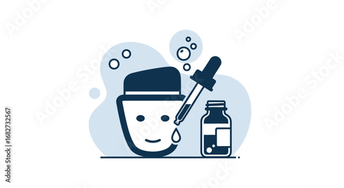 Minimalist skincare routine illustration featuring a face mask and serum dropper icon