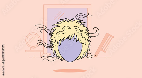 Stylized cartoon depiction of a bad hair day with mirror and comb on peach background