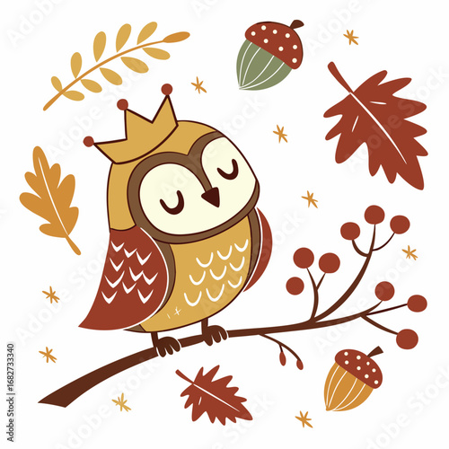 Cute Funny Owl, accessorized with with a tiny crown, in a Autumn world – Autumn Leaves palette vector