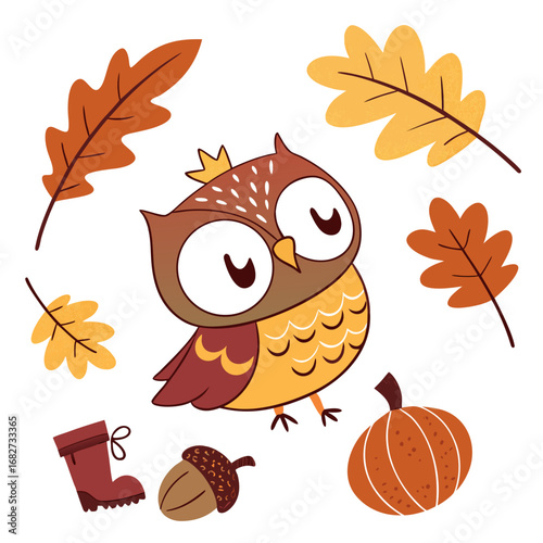 Cute Funny Owl, accessorized with with a tiny crown, in a Autumn world – Autumn Leaves palette vector