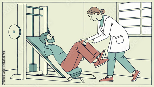 Physical Therapy Session: Man on Leg Press Machine Assisted by Physiotherapist for Leg Rehabilitation and Injury Recovery