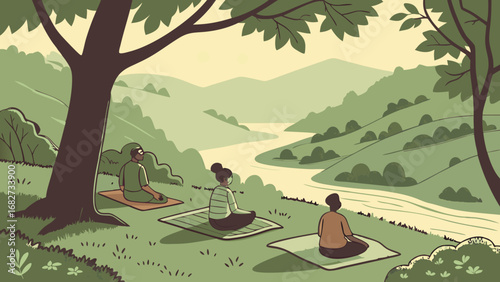 Three People Meditating Outdoors in a Serene Green Valley Landscape with a Winding River and Rolling Hills, Illustrating Peace and Mindfulness