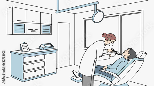Dentist Performing Oral Examination on Patient in Modern Dental Clinic Line Art Illustration