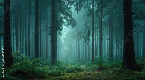Misty, dark forest path