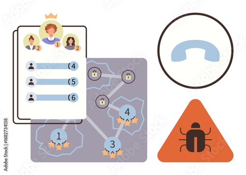 Leaderboard highlighting team ranks, workflow network with locked nodes, bug warning, and call icon. Ideal for teamwork, productivity, gamification, cybersecurity, workflow problem-solving user