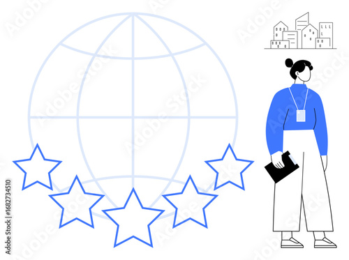 Professional evaluating global excellence with a translucent globe, five stars, documents, and urban buildings. Ideal for quality assurance, international business, feedback, global rating