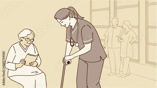 Compassionate Nurse Helps Senior Woman with Cane in Healthcare Setting. Medical Professional Provides Assistance and Support to Elderly Patient. Ge...