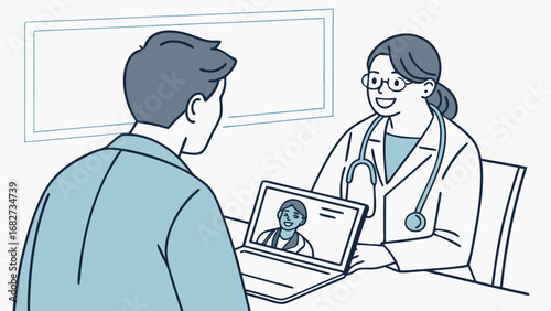 Medical Consultation with Telehealth: Doctor and Patient Connecting via Laptop Video Call Illustration