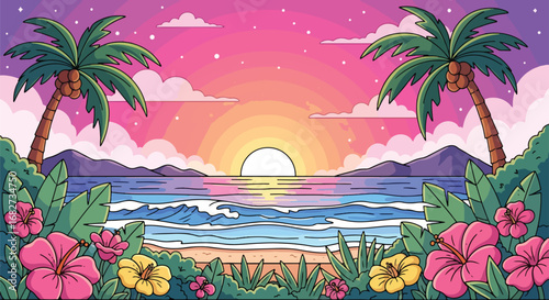 Adobe Illustrator artwork flat style illustration of tropical beach sunset with palm trees, ocean waves, hibiscus flowers, and mountains, ideal for vacation themes, travel posters, and summer designs