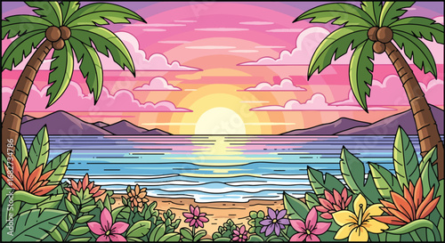 Adobe Illustrator artwork flat style illustration of tropical beach sunset with palm trees, ocean waves, hibiscus flowers, and mountains, ideal for vacation themes, travel posters, and summer designs
