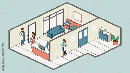 Modern Medical Office Interior with Reception, Patient, and Healthcare Professionals in Isometric Style