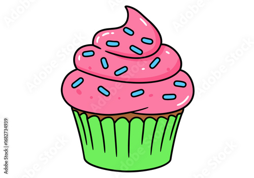 A cartoon cupcake with pink frosting blue sprinkles and a green wrapper