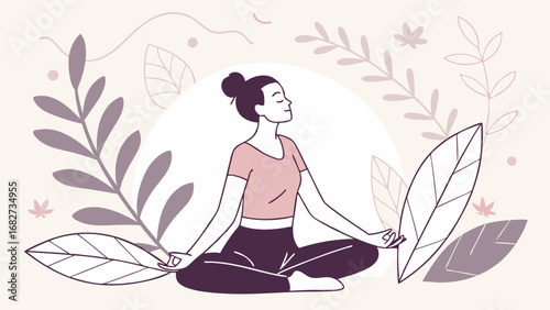Serene Woman Meditating in Lotus Pose Amidst Stylized Nature Leaves. Mindful Yoga for Inner Peace, Wellness, and Tranquility. Flat Line Art Illustr...