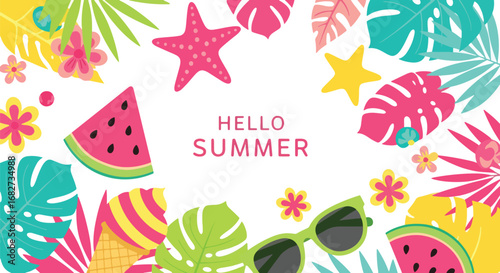 Adobe Illustrator artwork flat style illustration of tropical summer background with watermelon, ice cream, sunglasses, flowers, palm leaves, and starfish surrounding Hello Summer text for seasonal