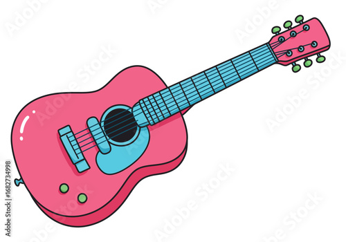 A cartoon guitar with a pink body and blue fretboard