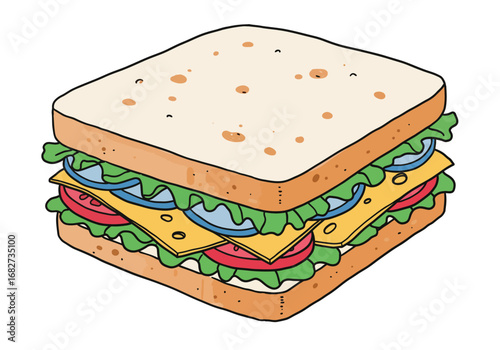 A cartoon sandwich with lettuce cheese tomato and onion between two slices of bread