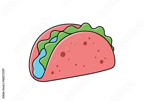 A cartoon taco features a red shell speckled with dots and filled with green lettuce and a blue liquid