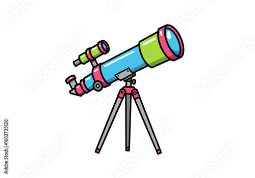 A cartoon telescope is light blue green and pink on a gray tripod