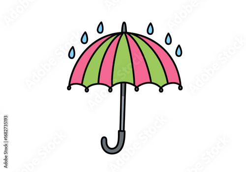 A cartoon umbrella with alternating pink and green stripes raindrops falling around it