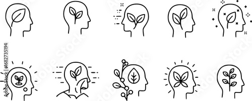Vector thin line icon outline linear stroke illustration of human head with a leaf. Think green, sustainable lifestyle and environmentaly friendly

