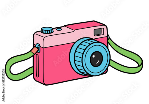 A colorful cartoon camera with a pink body blue lens and green strap isolated against a white background