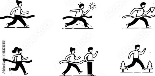 Character crossing the finish line. Vector trendy thin line icon illustration design for sports, business and personal development concepts related with winning, success. 3 different styles