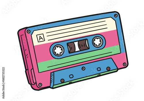 A colorful cartoon cassette tape with an A and two reels