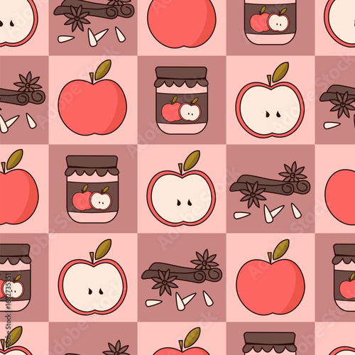 cute hand drawn cartoon seamless vector pattern illustration with apples, apple jam jar, cinnamon and pine nuts on checkered background