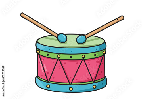 A colorful cartoon drum with drumsticks is depicted