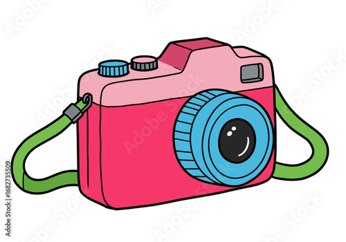 A pink and red cartoon camera with a blue lens and a green strap against a white background
