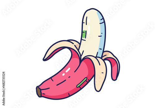 A pink banana is peeled revealing a white inside with green markings on a white background