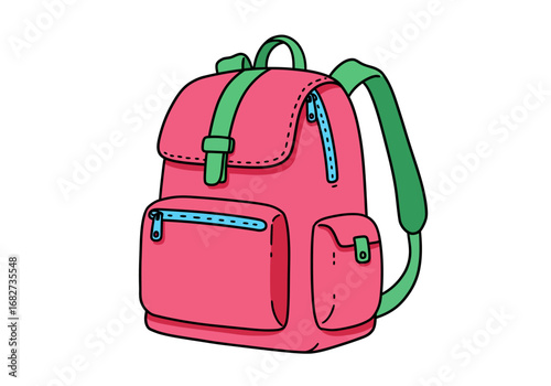 A pink backpack with green straps and blue zipper details
