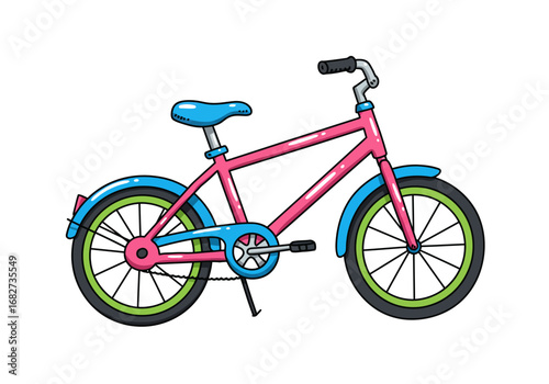 A pink bike has greenrimmed wheels a blue seat and fenders on a white background