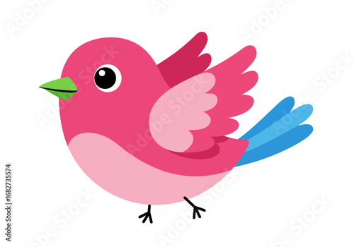 A pink cartoon bird with a green beak and blue tail feathers is depicted