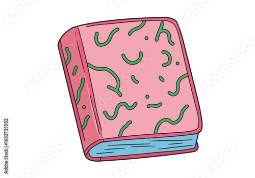 A pink book with green wavy lines and dots is shown It has a blue page edge