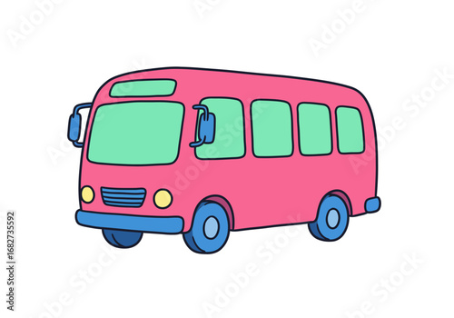A pink bus with blue wheels and green windows on a white background