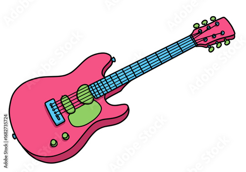 A pink electric guitar with a light blue neck green pickguard and lime green tuning pegs is on a white background