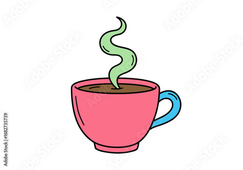 A pink cup filled with brown liquid and steaming green smoke with a blue handle