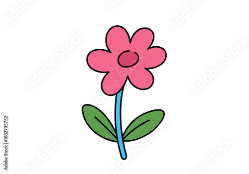 A pink flower with a blue stem  green leaves sits against a white background cartoonish style
