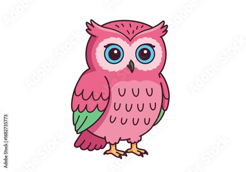 A pink owl with blue eyes green wing details and a white background